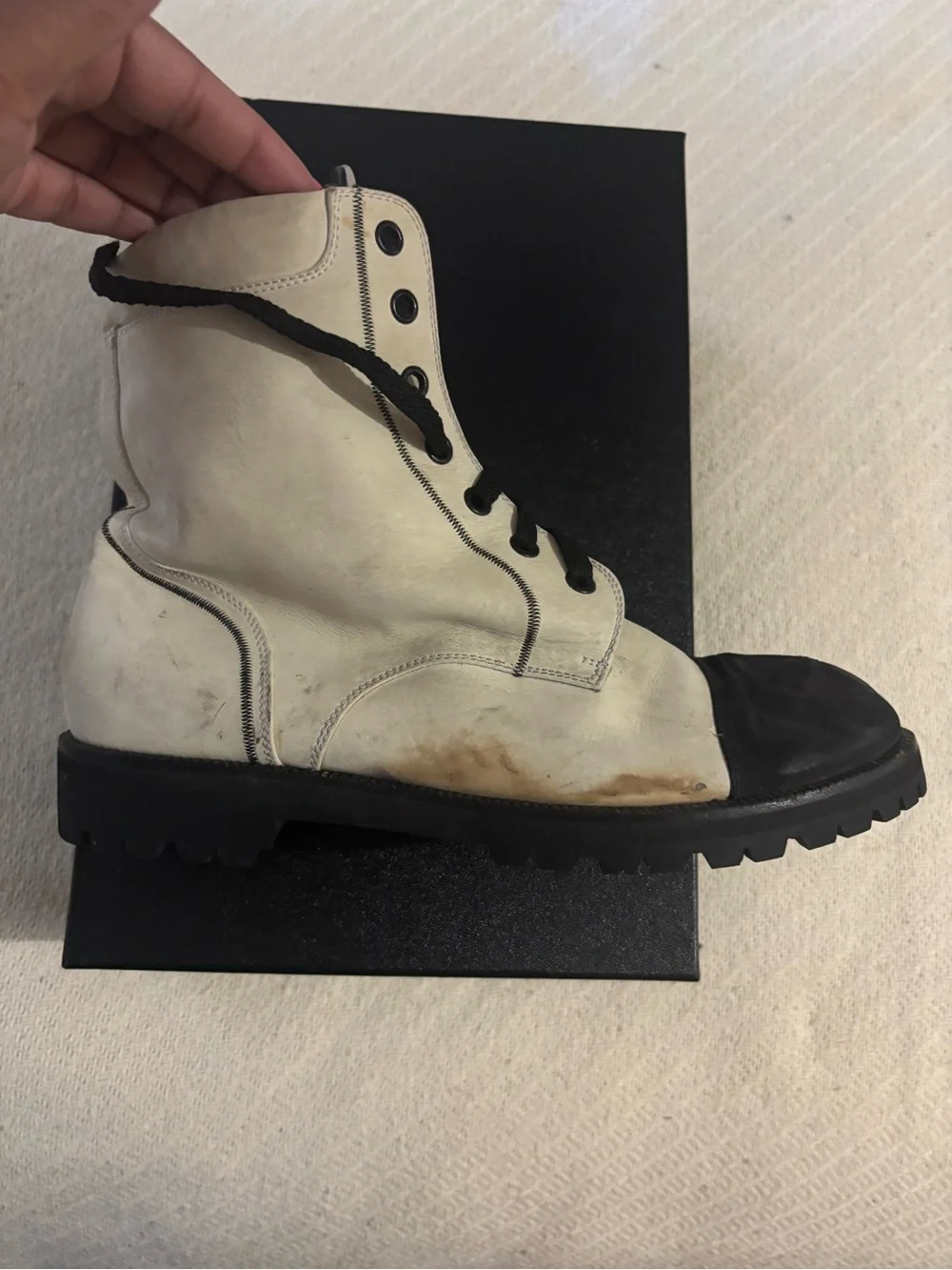 RARE Vintage Chanel White & Black Leather CC Combat Boots – Size 8.5